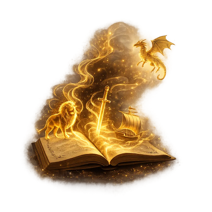 Livro aberto de onde surgem um leão, um dragão, uma espada e um navio