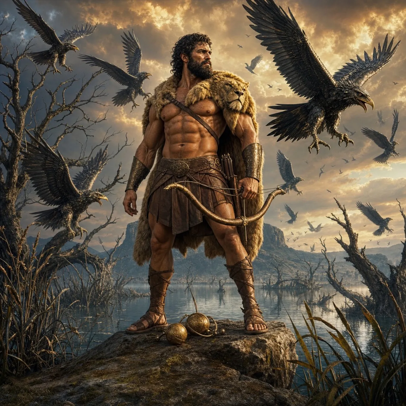 Ilustração de Hércules e as Aves do Lago Estínfalo