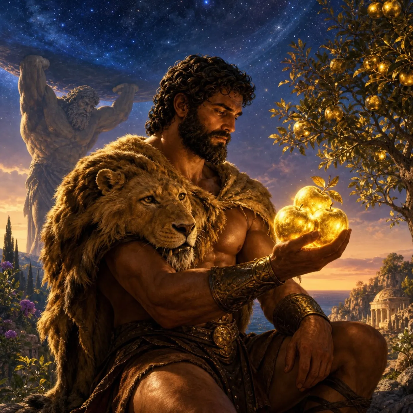 Ilustração de Hércules e as Maçãs de Ouro das Hespérides